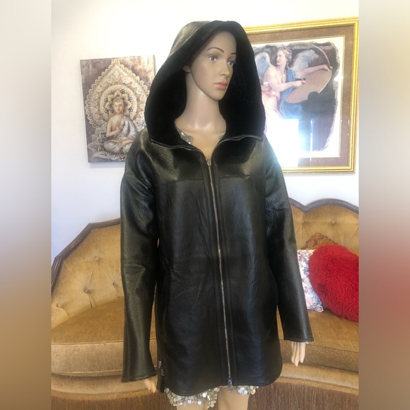 Black Hooded Women's reversible leather , velvet Jacket size XL so soft new! - Picture 1 of 13